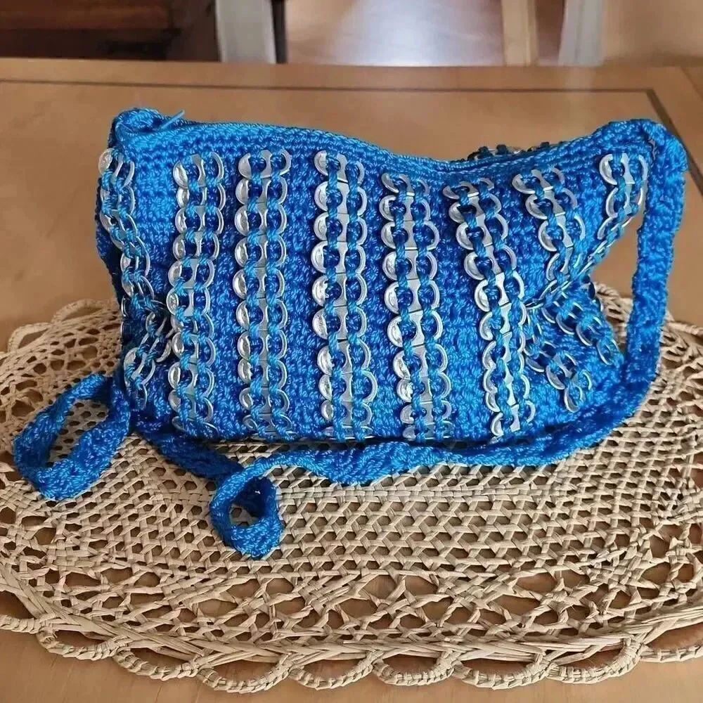 Handmade crochet recycle soda pull tabs blue bag